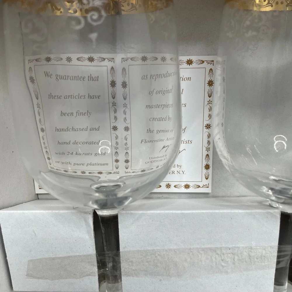 New Cellini Crystal Stemware Set 4 Wine Glasse 24K Gold Italy 7.5in Wedding Gift
